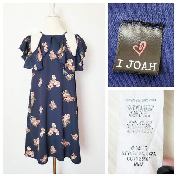 I Joah Tent Dress Navy Blue and Blush Pink Floral Cold Shoulder Knee Length - Picture 10 of 11